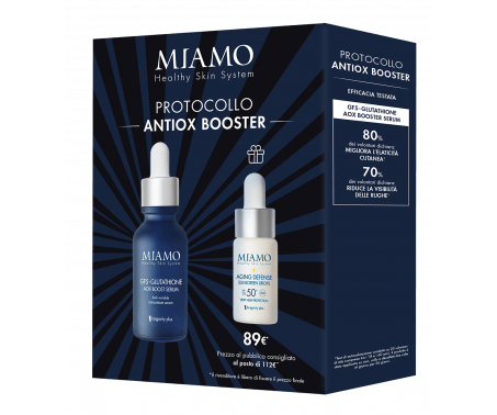 PROTOCOLLO ANTIOX BOOSTER - Cofanetto con GF5-GLUTATHIONE AOX BOOST SERUM 30 m + SIERO AGING DEFENSE SUNSCREEN DROPS SPF 50+ 10ml 